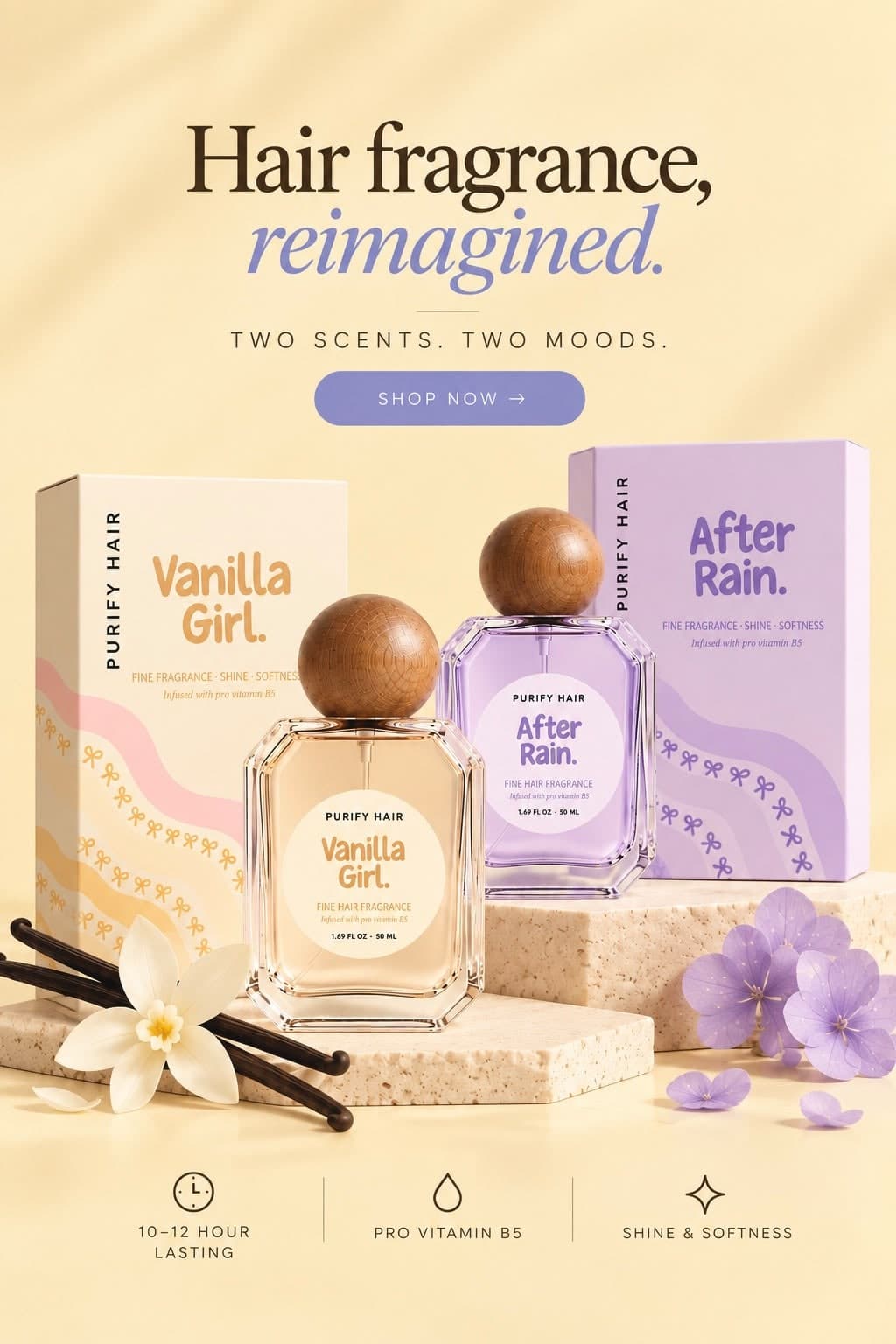 Shop purifyHair — hair fragrance, reimagined. Two scents, two moods: Vanilla Girl and After Rain.